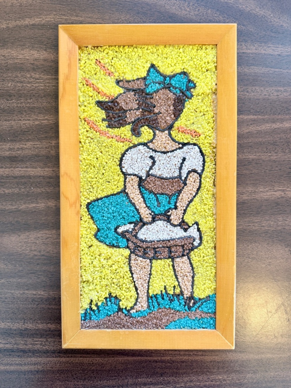 Vintage Style Pebbled Wall Art Girl with Basket - Yellow & Turquoise 🌎